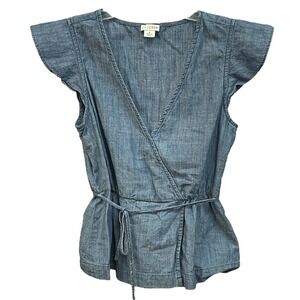 J. Crew Chambray‎ Wrap Top Flutter Sleeve Tie Waist Women's Size 2